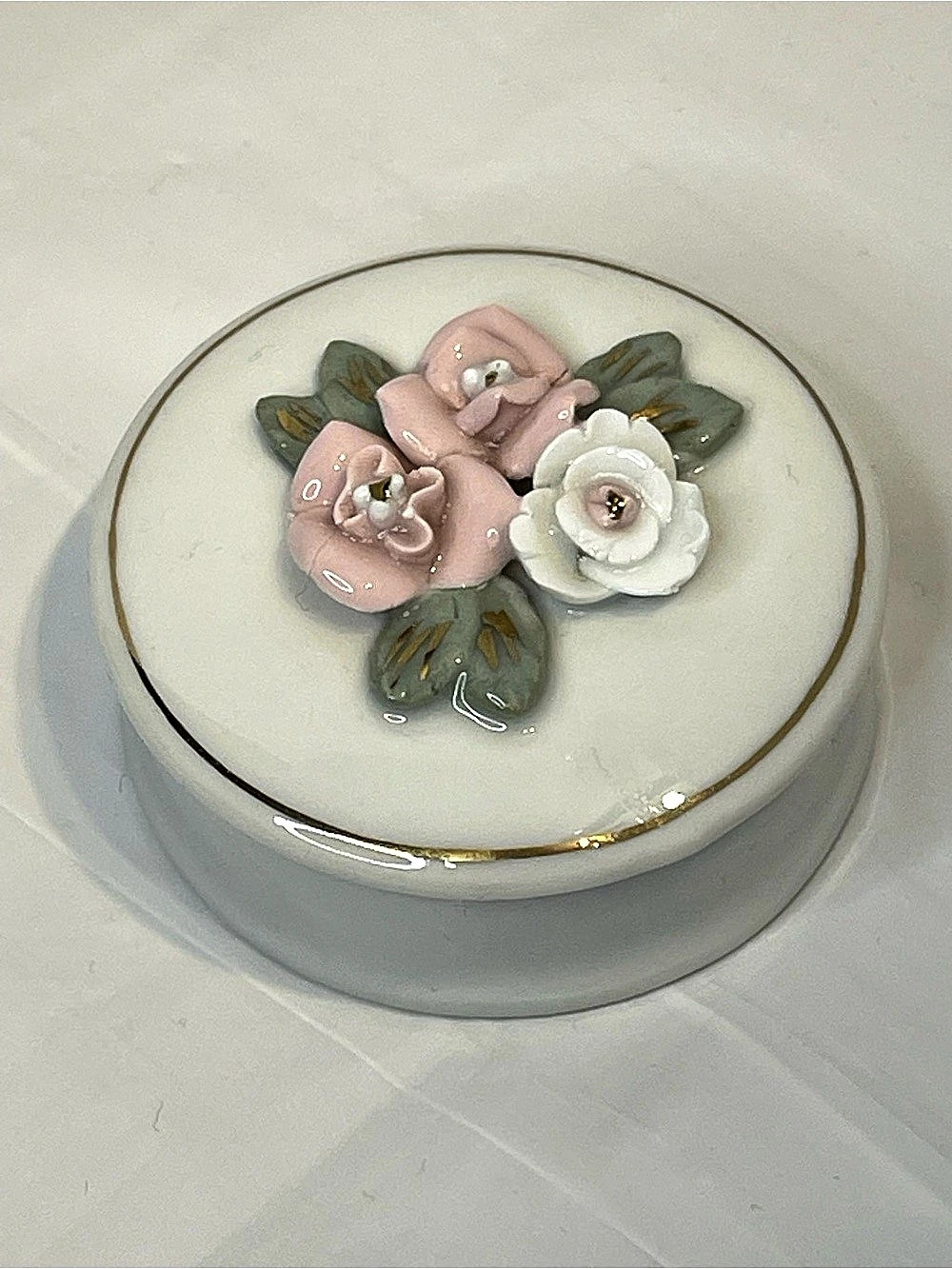 Vintage Capodimonte Style Porcelain Trinket Box with Floral Relief